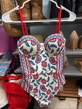 Boden Red, Blue and Cream Floral One-Piece Swimsuit